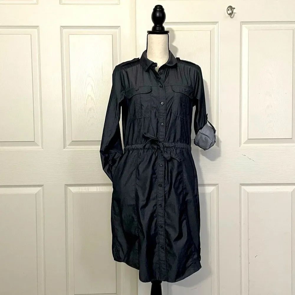 Gap Dark Cotton Drawstring Waist Shirtdress with Pockets, Medium